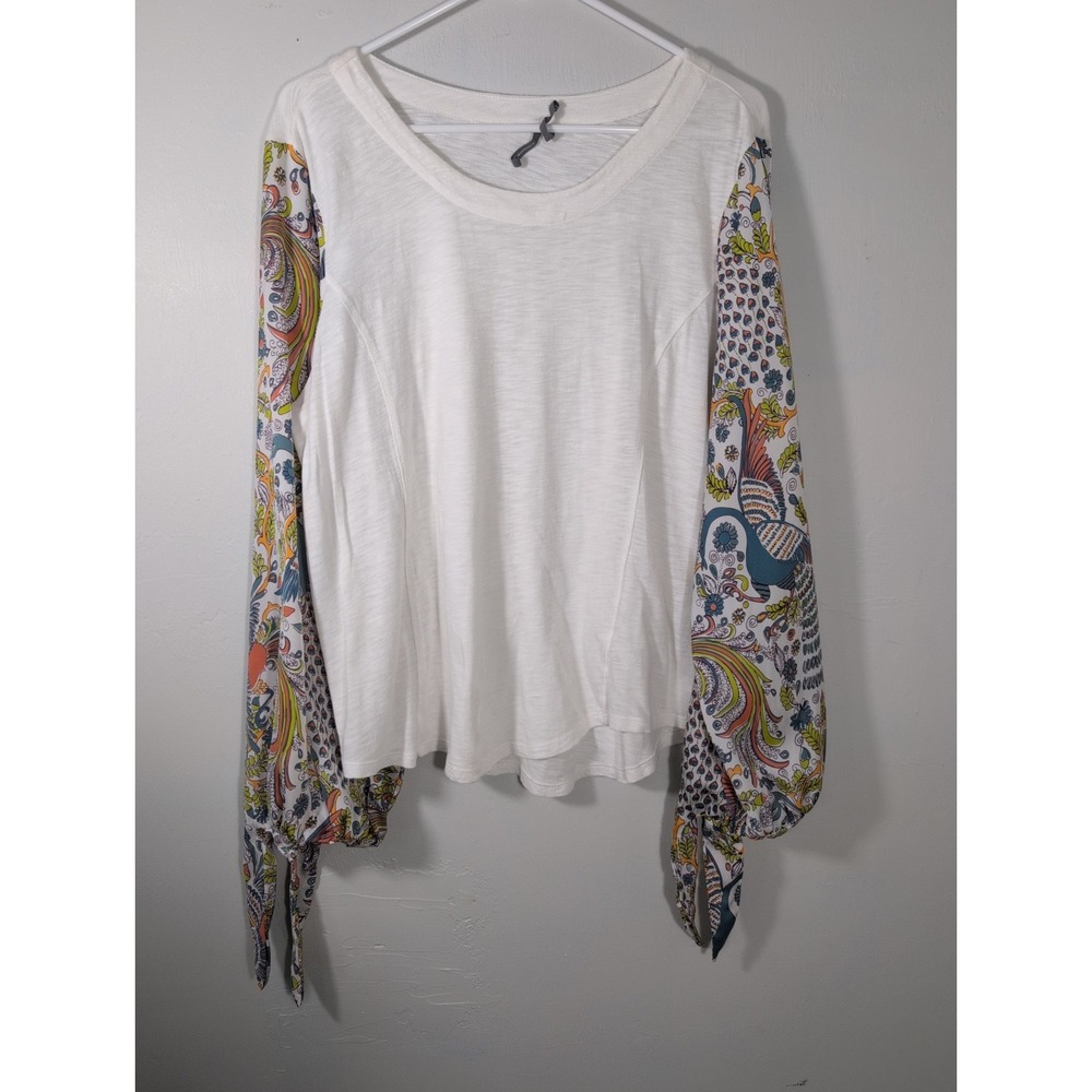 Anthropologie‎ Maybelle Bird Peacock Tie Sleeve Blouse XL Cotton Boho Shirt